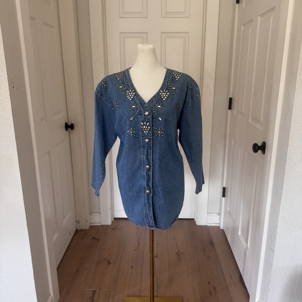 Vtg 90s Denim Shirt Womens Oversized Sz Small V-Neck Embellished Top Tunic USA